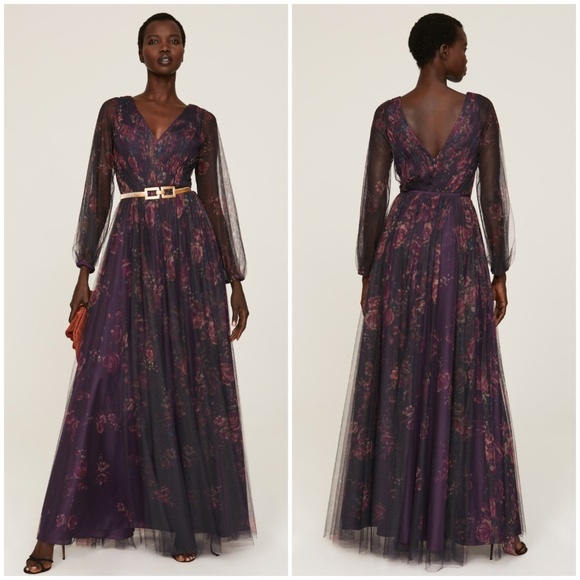 Marchesa Notte Floral Print Sheer Panel Gown SALERNO Sz 0 Purple Bridesmaid Plum - Picture 10 of 10